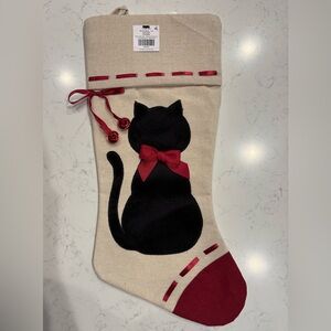 Cream canvas cat silhouette Christmas stocking w/ red toe and jingle bells NWT